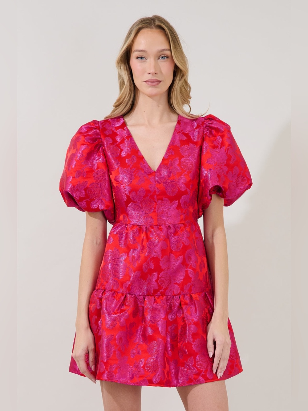 Sugarlips May Duson Jacquard Tiered Mini Dress Pink Red V-Neck NWT Sz 1X